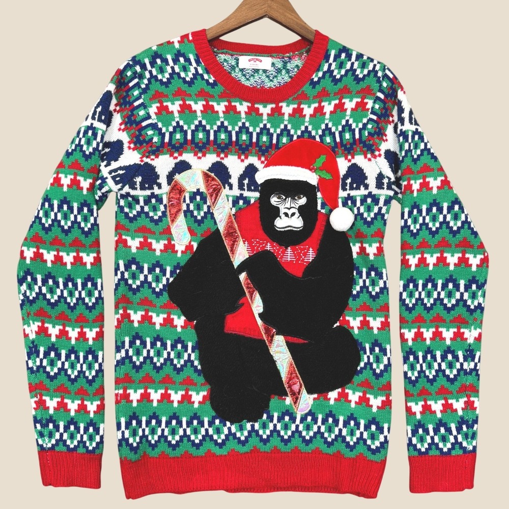 Holiday Time Knit Sweater Men S Rug Gorilla Candy Cane Ugly Christmas Party